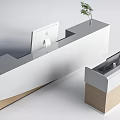 Modern Reception Desk Design With White Surface Wooden Base Small Side Cabinet And Potted Plant