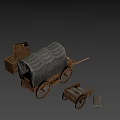 Wooden Wagon And Cart With Canvas Cover And Pillows On Dark Background