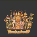 Scenic 3D Decorative Castle Model with Spires Domes and Symmetrical Design in Orange Gold Tones