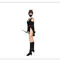Woman in Black Outfit with Red Belt Holding Daggers from Three Angles on Gray Background