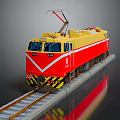 Yellow And Red Electric Model Train On Railway Track With Reflective Surface