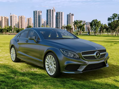 Luxury Mercedes Sedan Parked On Green Grass Field With City Skyline And Trees 3d model