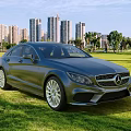 Luxury Mercedes Sedan Parked On Green Grass Field With City Skyline And Trees