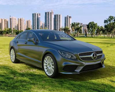 Luxury Mercedes Sedan Parked On Green Grass Field With City Skyline And Trees 3d model