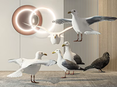 Seagulls and Pigeon Decorative Figurines on Striped Wall Background with Circular Lights 3d model
