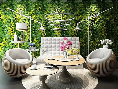 Modern Sofa And Coffee Table Set With Green Plant Wall Armchairs And Floor Lamps 3d model