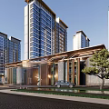 Modern Residential Entrance Design With High Rise Buildings Golden Frame Stone Walls And Driveway