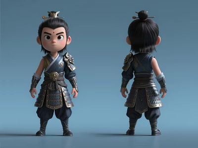 Cartoon Male Character in Ancient Armor with Topknot Hairstyle Front and Back Views 3d model