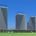 Modern High Rise Office Buildings With Green Spaces Pedestrian Walkways And Urban Design