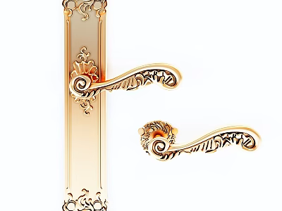 Ornate Golden Hinged Door Handle With Intricate Decorative Patterns Design 3d model