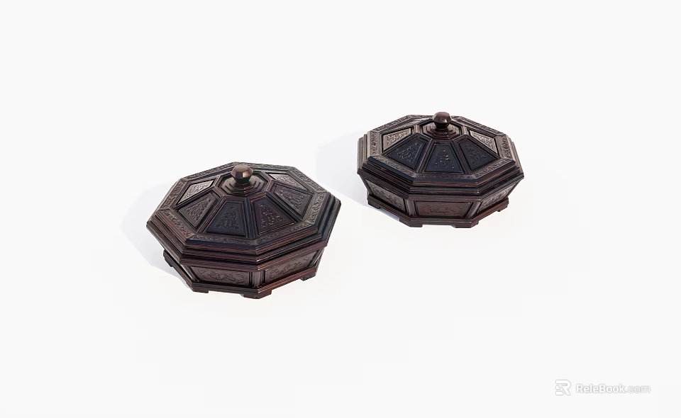 Decorative Ornament Set Of Two Octagonal Dark Wooden Boxes With Carved Lids 3d model 