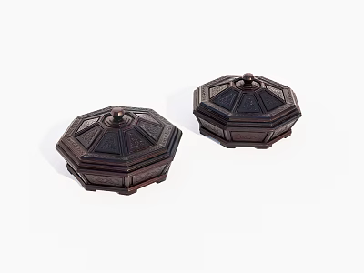 Decorative Ornament Set Of Two Octagonal Dark Wooden Boxes With Carved Lids 3d model