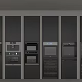 Modern Kitchen With Black Cabinets And Various Built In Kitchen Appliances 3d model