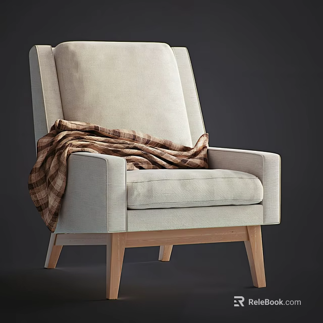 Modern Single Sofa in Light Gray with Brown Plaid Blanket and Wooden Legs 3d model 