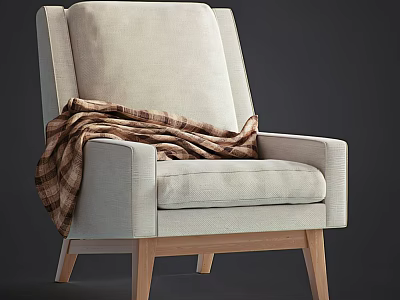 Modern Single Sofa in Light Gray with Brown Plaid Blanket and Wooden Legs 3d model