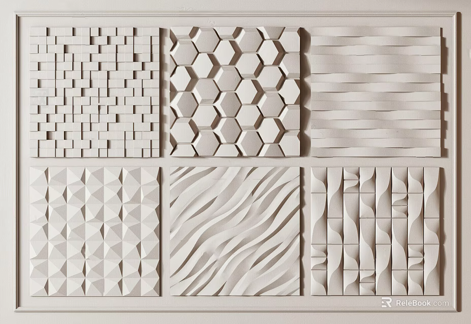 White 3D Textured Wall Decor With Geometric Patterns And Wave Designs 3d model 