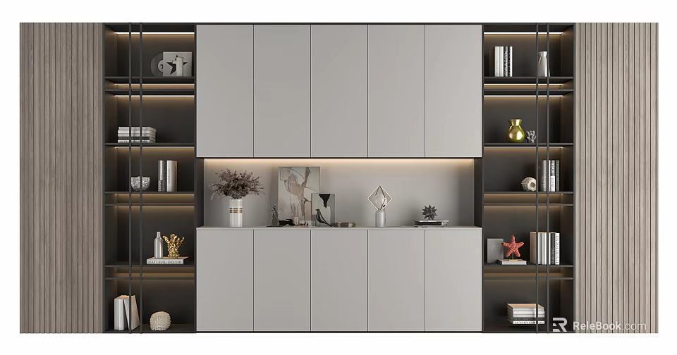 Modern Decorative Cabinet With LED Lighting Open Shelves And Decorative Items 3d model 