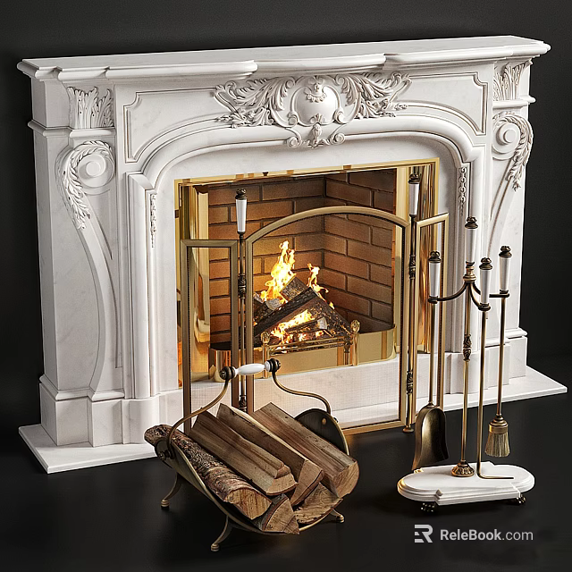 White Carved Classical Fireplace With Burning Fire Gold Metal Screen Firewood And Tools 3d model 