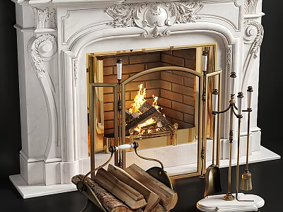 White Carved Classical Fireplace With Burning Fire Gold Metal Screen Firewood And Tools 3d model