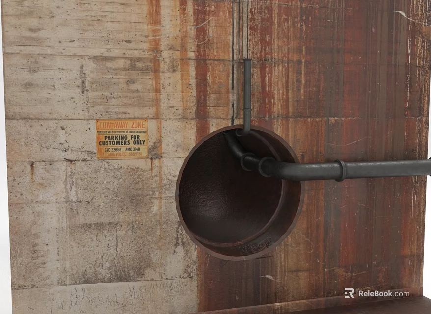 Industrial Pipe Through Circular Opening In Rusty Wall 3d model 
