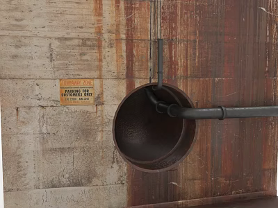 Industrial Pipe Through Circular Opening In Rusty Wall 3d model