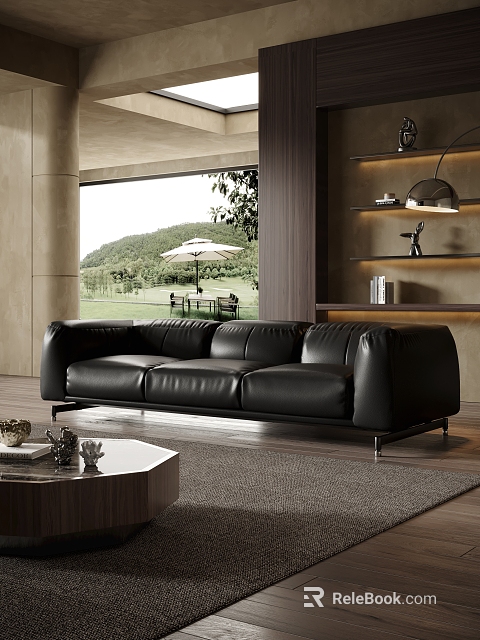 Modern Living Room Interior Design With Black Leather Sectional Sofa And Scenic View 3d model 