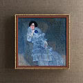 Framed Portrait Painting of Woman in Blue Lace Dress with Golden Frame