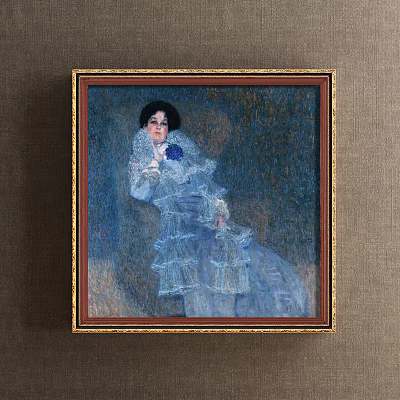 Framed Portrait Painting of Woman in Blue Lace Dress with Golden Frame 3d model