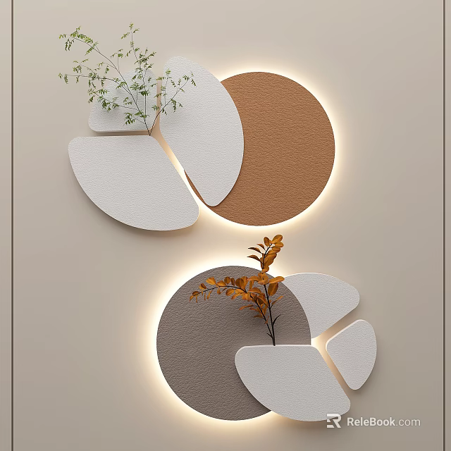 Wall Decor with Illuminated Segmented Circles in Neutral Tones and Plants 3d model 