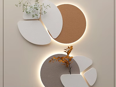 Wall Decor with Illuminated Segmented Circles in Neutral Tones and Plants 3d model