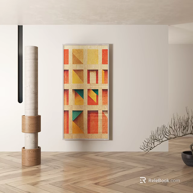 Geometric Pattern Decorative Painting In Modern Interior With Wooden Floor And Decor Elements 3d model