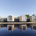 Modern Overwater Buildings Featuring Connected Design Large Windows And Water Reflection 3d model