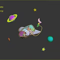 Colorful Spacecraft in Space Scene With Planets Stars and Crescent Moon