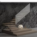 Modern Staircase With Wooden Steps Glass Railing And Decorative Elements Against Black Rock Wall