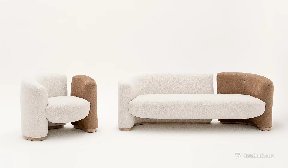 Contemporary Sectional Sofa With White Upholstery Brown Armrests And Curved Design 3d model 