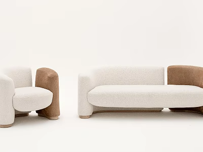 Contemporary Sectional Sofa With White Upholstery Brown Armrests And Curved Design 3d model