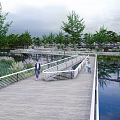 Scenic Landscape Bridge Over Lake With Trees Greenery And Pedestrian Walkway