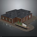 Brick Building Exterior Featuring Dark Tiled Roof Multiple Windows Small Trees Signboard And Paved Courtyard
