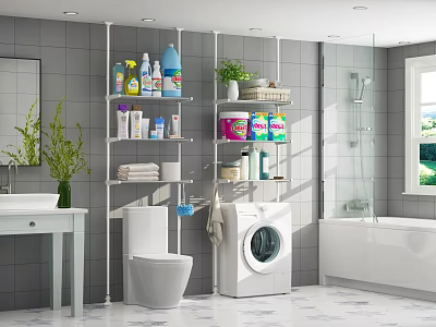 Modern Bathroom Wall Cabinets With Storage Shelves Toiletries Cleaning Supplies And Potted Plant 3d model