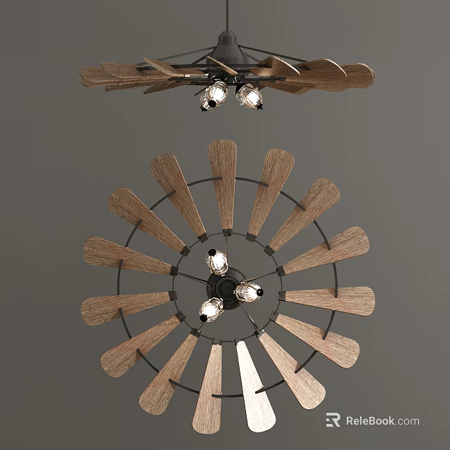 Modern Air Conditioning Fan With Wooden Blades Black Frame And Light Bulbs 3d model 