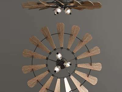 Modern Air Conditioning Fan With Wooden Blades Black Frame And Light Bulbs 3d model