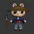 Cartoon Animal Character Wearing Straw Hat Blue Kimono Red Sash With Wooden Staff And Lantern