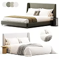 Modern Bed With Beige Upholstered Headboard White Bedding And Wooden Nightstand