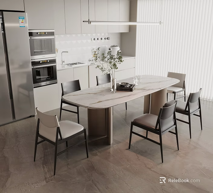 Modern Dining Table Set With Marble Top And Gray Beige Chairs In Kitchen 3d model