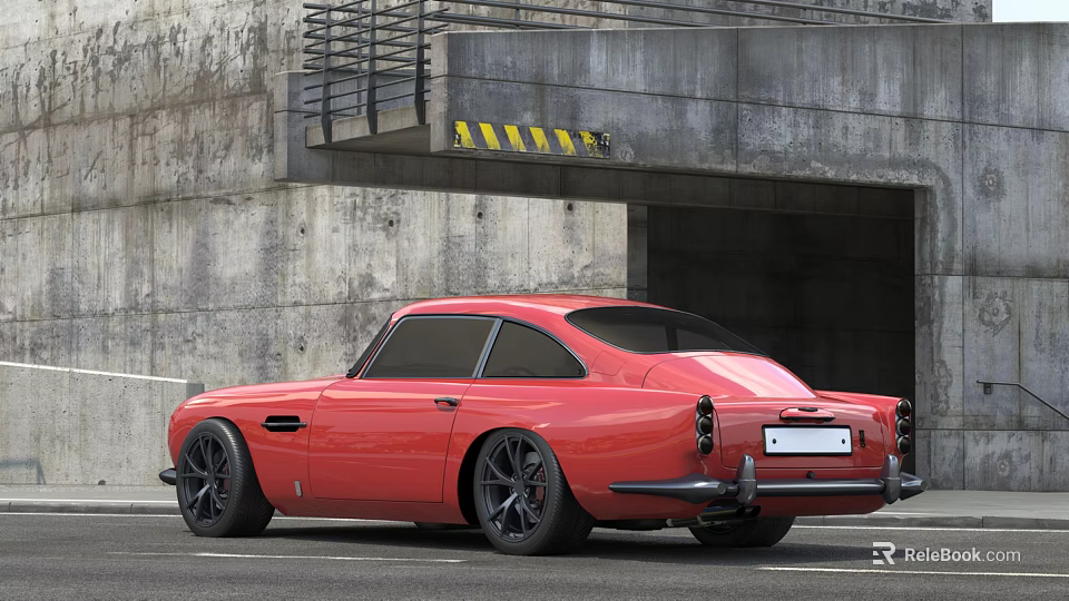 Red Vintage Two Door Sports Coupe Parked Near Concrete Tunnel Entrance With Warning Stripes 3d model 