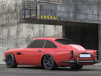Red Vintage Two Door Sports Coupe Parked Near Concrete Tunnel Entrance With Warning Stripes 3d model