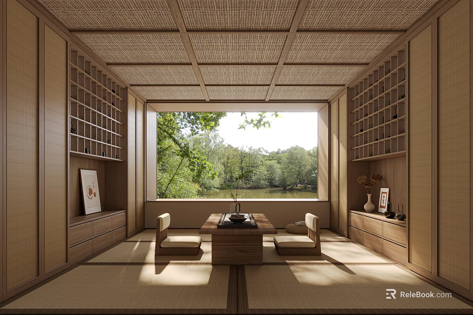 Wooden Tea Room with Tatami Flooring Bookshelves Tea Table Chairs and Natural Window View 3d model 