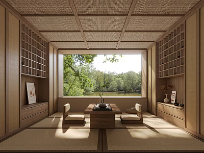 Wooden Tea Room with Tatami Flooring Bookshelves Tea Table Chairs and Natural Window View 3d model