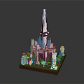 Futuristic Architecture Model Featuring Tall Tower With Blue White Design And Green Surroundings