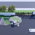 Modern Garden Landscape With Waterfall Sculptures Paved Area And Greenery
